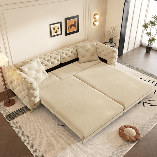 97.7' 3-in-1 Convertible Sleeper Sofa,28.4' Deep Seat Pull Out Sofa Bed,Button Tufted Modern Sofa,4-Seater Couch with Movable Ottoman  for Living Room,Small Space,Apartment,Office,Bedroom,Apricot