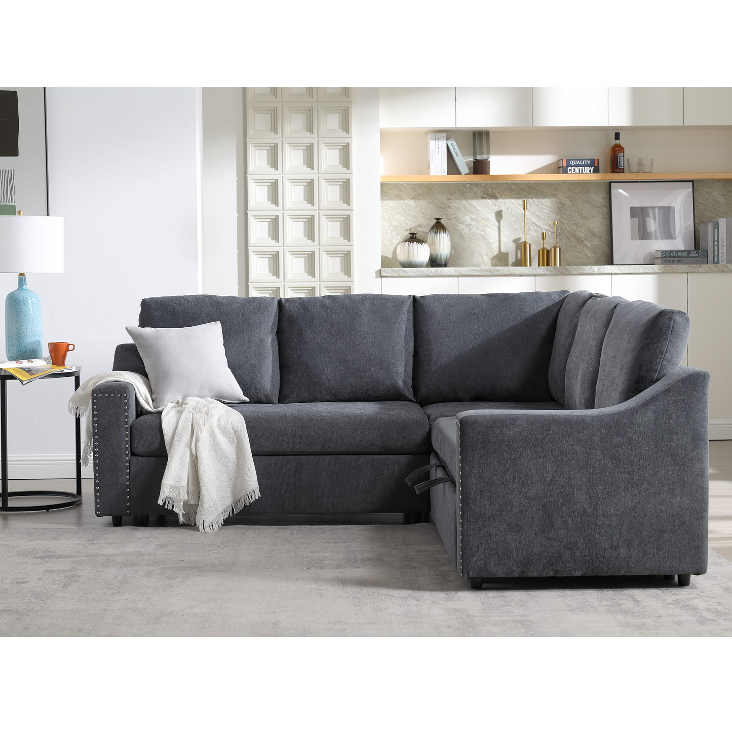 [NEW ARRIVED] [VIDEO PROVIDED]L-shaped sofa with pull-out sofa bed, Corner Sofa,comfortable living room furniture set, sleeper sofa bed,Corner seat for two with broaching sofa,Rivet DeChenille,Gray