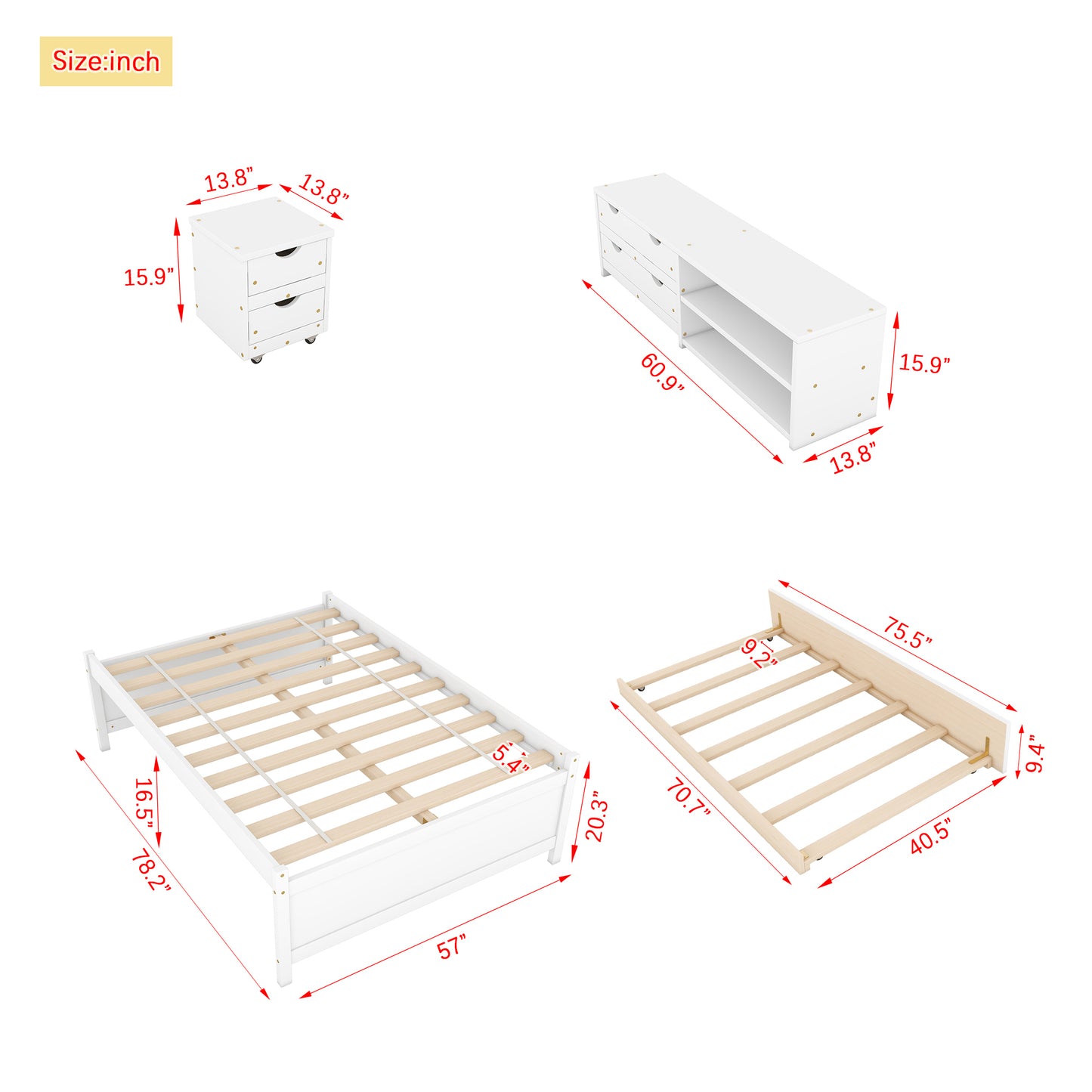 Cama completa versátil con nido, caja de almacenamiento debajo de la cama y mesita de noche. Blanco