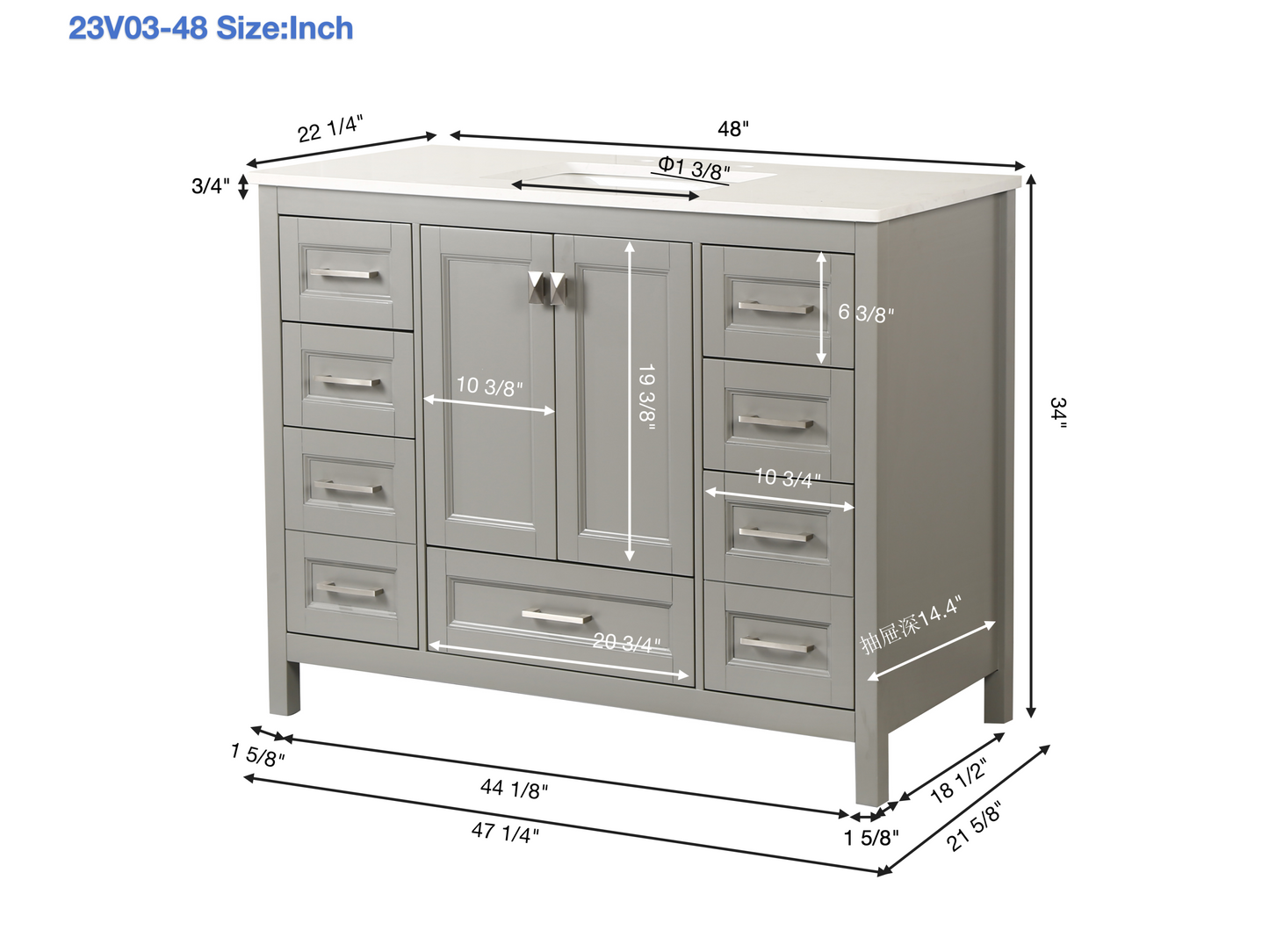 Combinación de lavabo de tocador con encimera de mármol, gabinete de lavabo de baño y tocadores de baño para decoración del hogar - Tocador blanco de 48 pulgadas totalmente ensamblado con fregadero 23V03-48WH