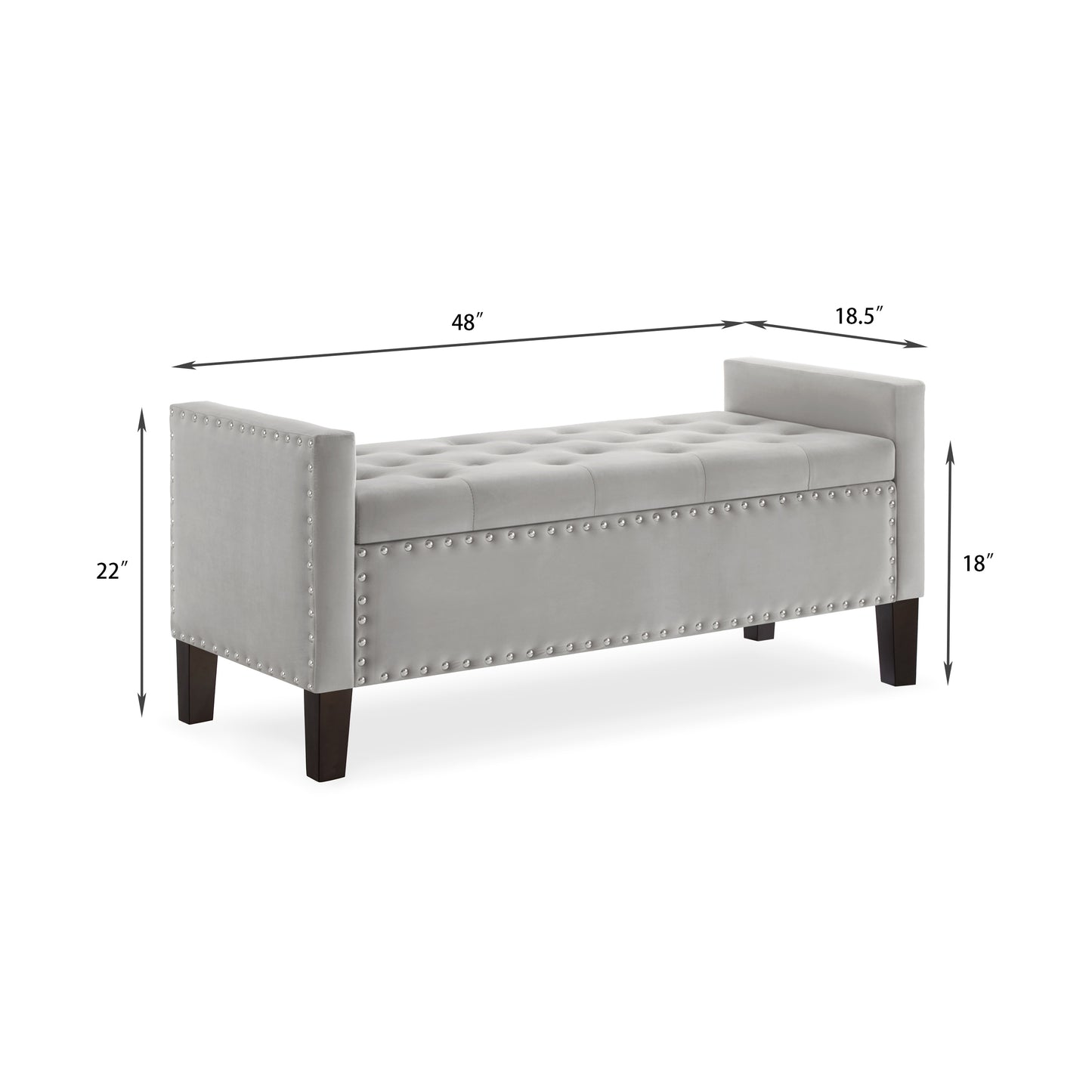 Banco de almacenamiento tapizado con botones capitoné con adornos de clavos,Entrada Sala de estar Asiento acolchado suave con reposabrazos,Banco de cama-Gris