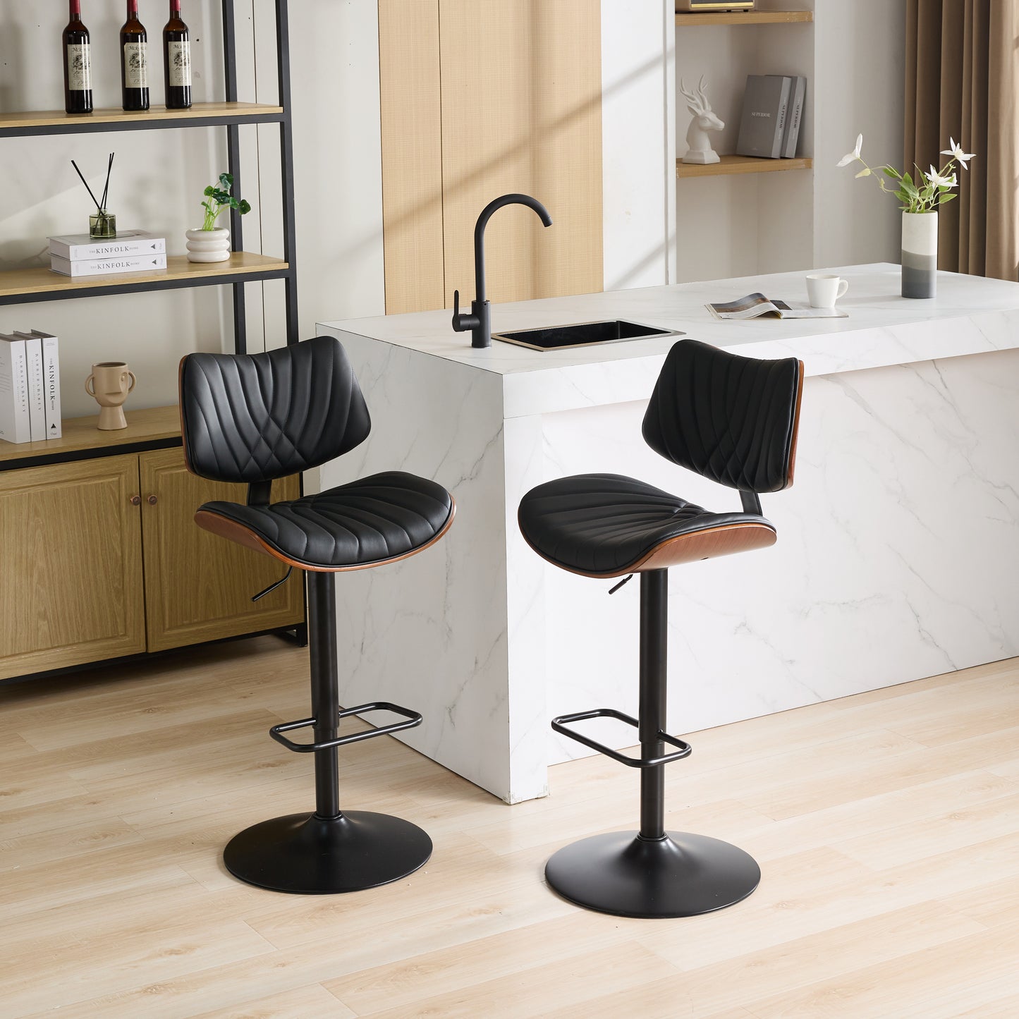 Taburetes de bar de madera curvada de nogal, sillas de bar giratorias de 360°, tapizadas en cuero negro, modernas, con altura de mostrador ajustable, para isla de cocina/comedor/café, 1 silla/1 caja,Negro