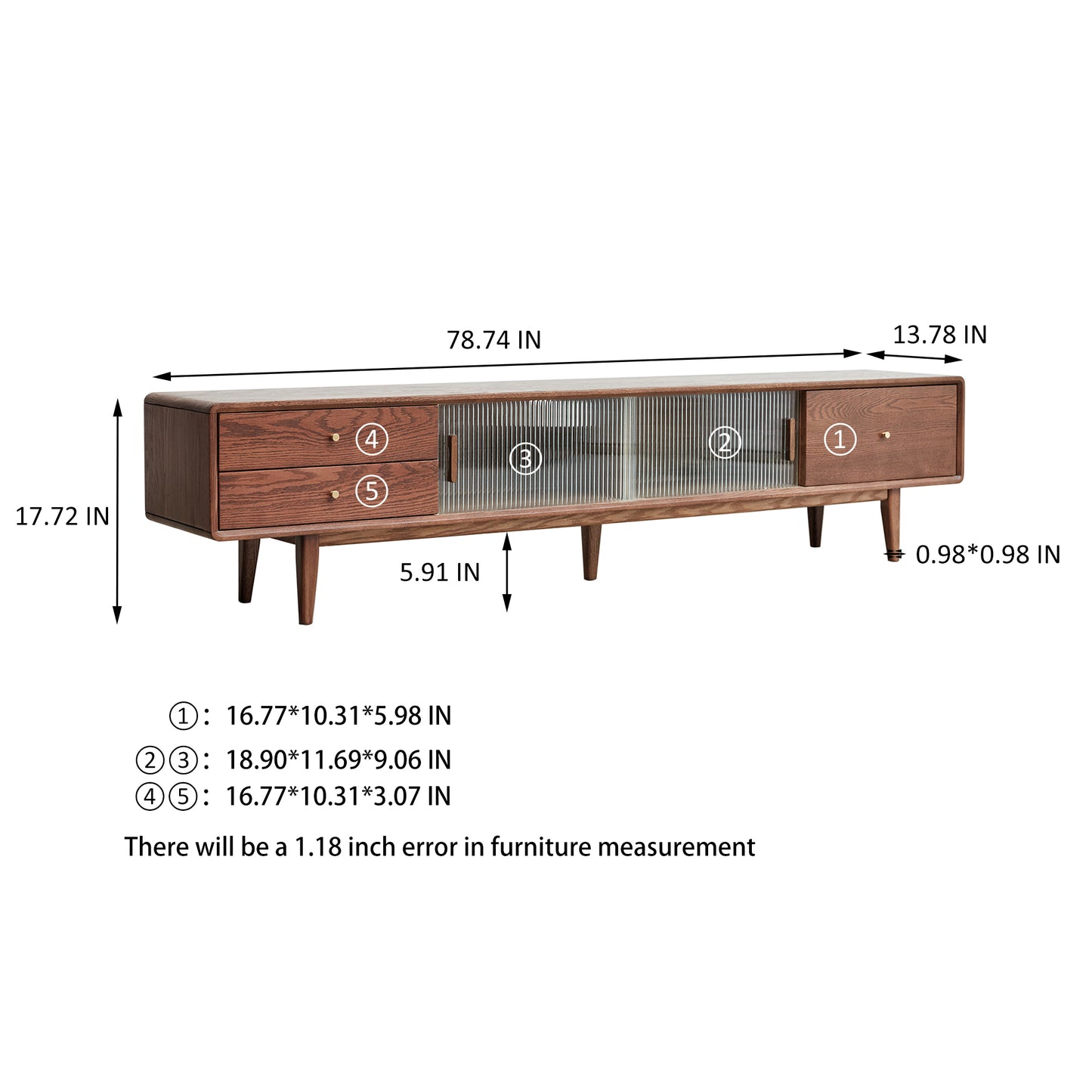 Mueble para TV de roble rojo macizo de grado A de América del Norte, color nogal, con puertas de cristal chinas Changhong, espacio de almacenamiento de dos cajones, soporte para TV