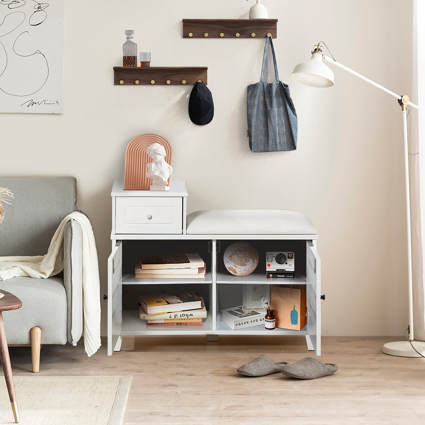 White Shoe Storage Bench Cabinet with Fireproof PU Cushion, Double Doors and Movable Drawer Wood for Door Entrance