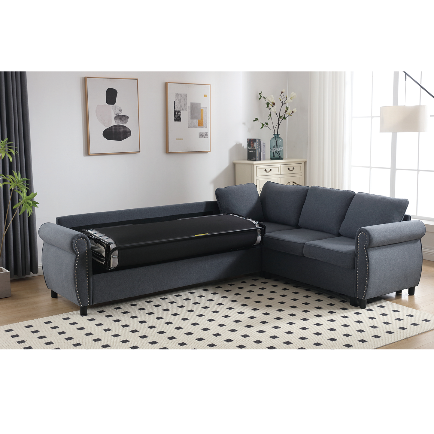 [NEW ARRIVED] [VIDEO PROVIDED] Sleeper Sofa, 2 in 1 Pull Out Couch Bed,6 seater sofa bed, L Shaped Sleeper Sectional Sofa Couch,Riveted sofa,104'' Large combined sofa Bed in living room, Dark Gray