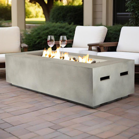 56' Propane Gas Fire Pit Table, 50000 BTU Rectangular Concrete Fire Pit for Outside Patio Deck Garden Backyard- Light Gray