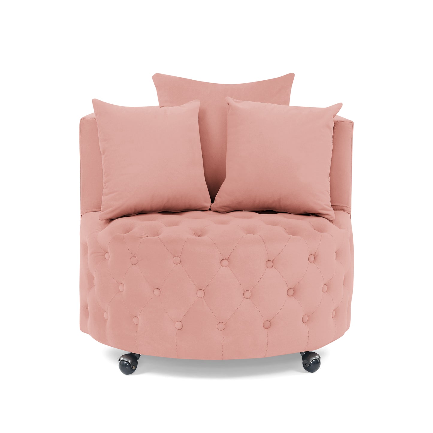 Silla giratoria tapizada en terciopelo para sala de estar, con diseño de botones y ruedas móviles, incluye 3 almohadas, rosa