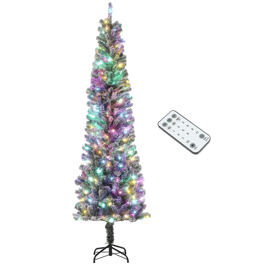 HOMCOM 7.5 ft Pre-Lit Pencil Christmas Tree, Artificial Christmas Tree with 220 Dual Color LED Lights and 519 Branch Tips, Flocked Xmas Tree with Metal Stand for Holiday Party, Green