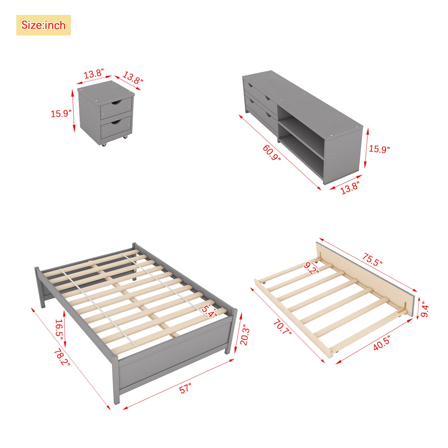 Cama completa versátil con nido, caja de almacenamiento debajo de la cama y mesita de noche. Gris