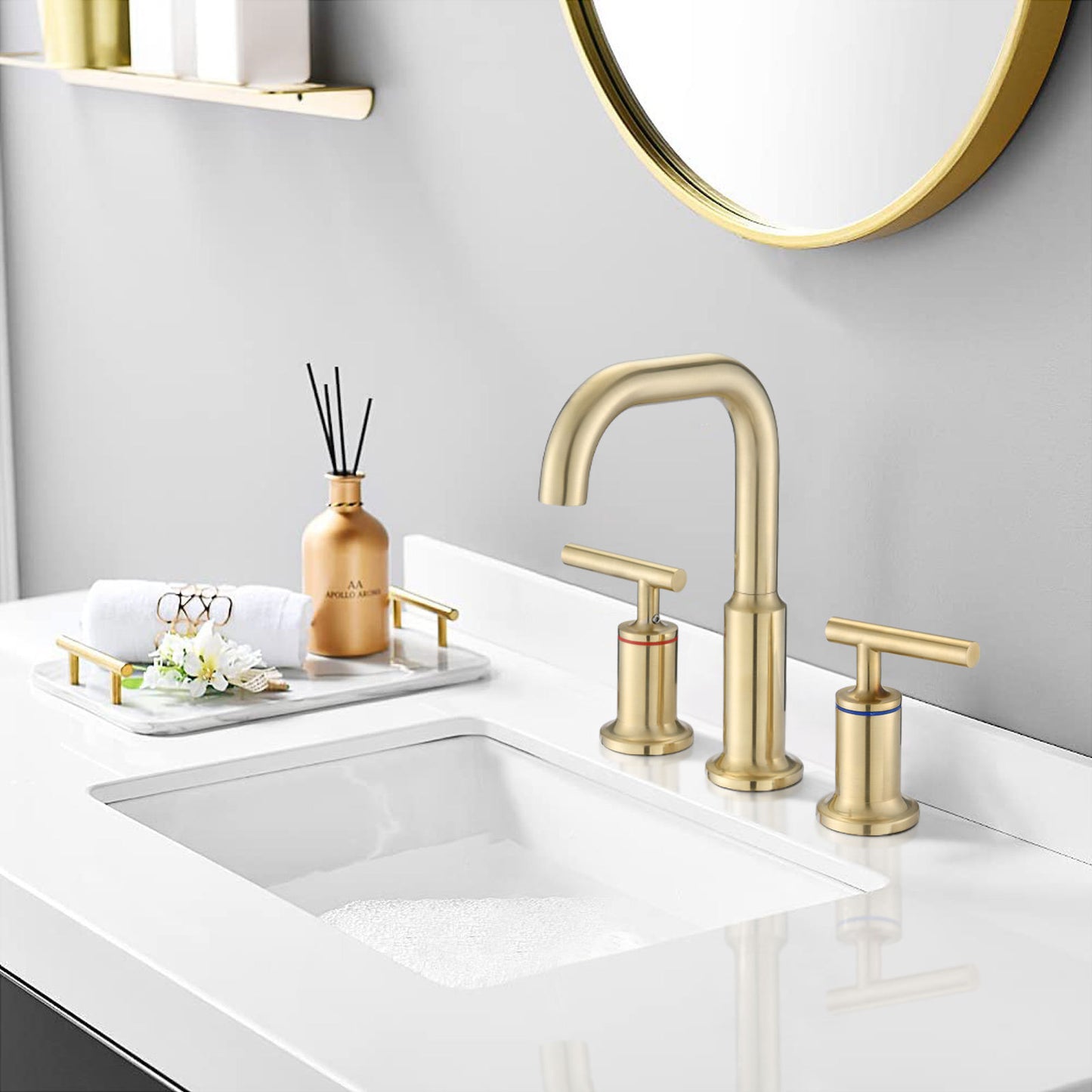 Widespread Bathroom Faucet 3 Hole 2 Handle Vanity Sink Faucet, Brushed Golden