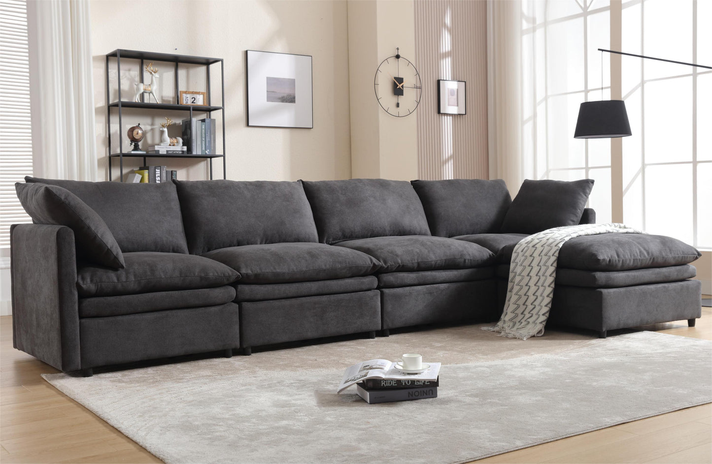 [VIDEO PROVIDED] Modern U-shaped Sectional Sofa ,5-seat Upholstered  Sofa Furniture,Sleeper Sofa Couch with Chaise Lounge for Living Room,Apartment,Dark Gray,Polyester