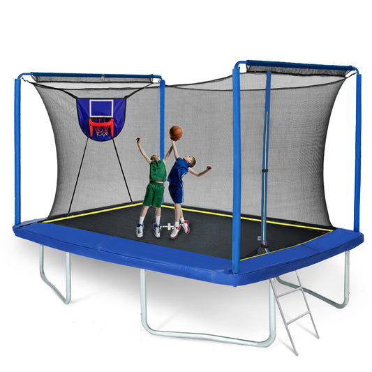 New YC Rectangular Trampoline with Basketball Board, Inflater, and Ladder - Blue Steel 8ft x 12ft ASTM Standard Tested