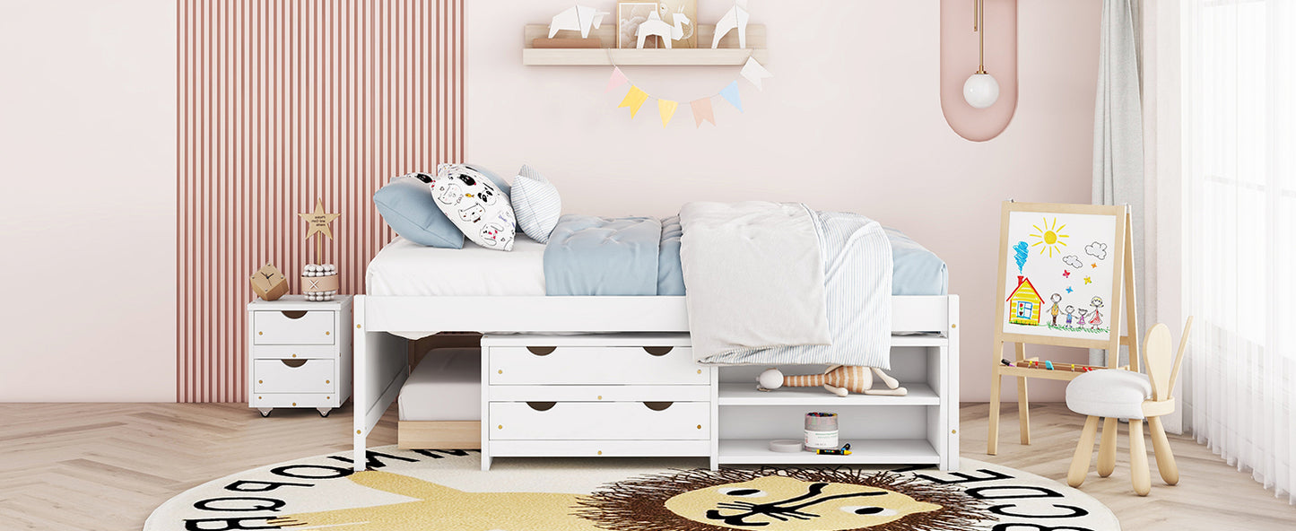 Versatile Full Bed with Trundle,Under bed Storage Box and Nightstand .White