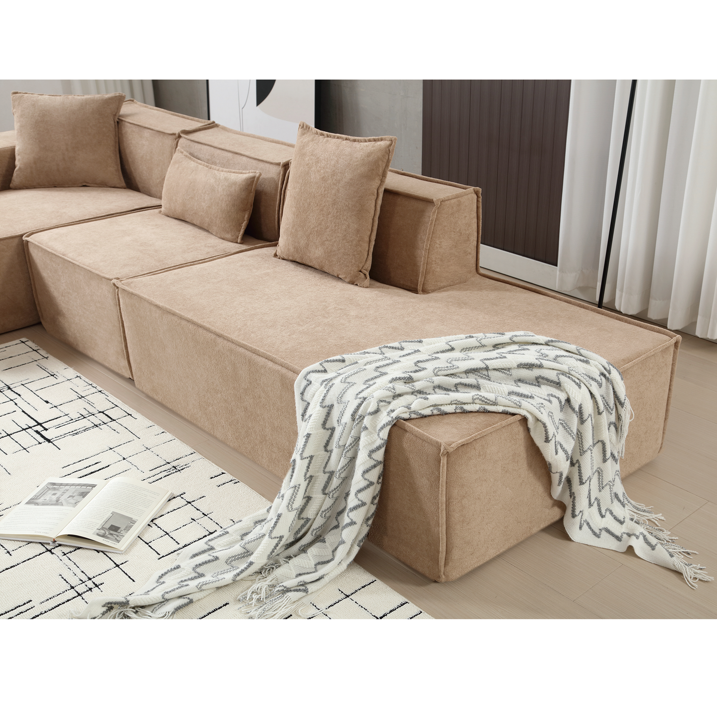 [VIDEO PROVIDED] Modular combination living room sofa set, modern minimalist sofa, free installation sofa, L-shaped, Italian minimalist tofu block sofa, Left-Hand Facing, Light Brown