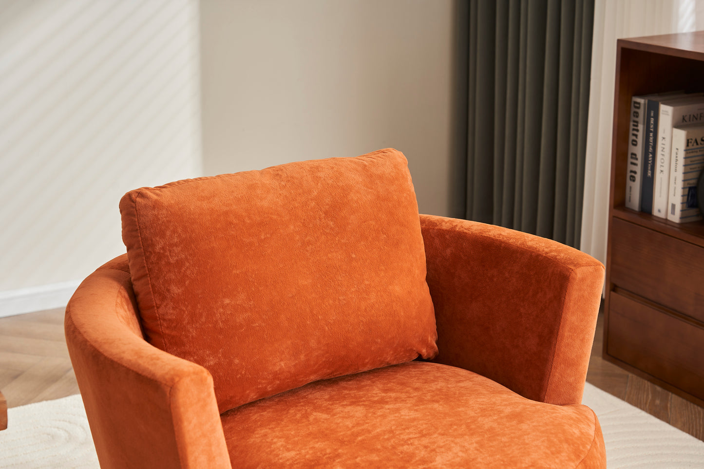 Silla giratoria de terciopelo, sillas giratorias decorativas, sillón para sala de estar, sillas de lectura para dormitorio, cómodas, sillas redondas con base de acero inoxidable dorado (naranja)