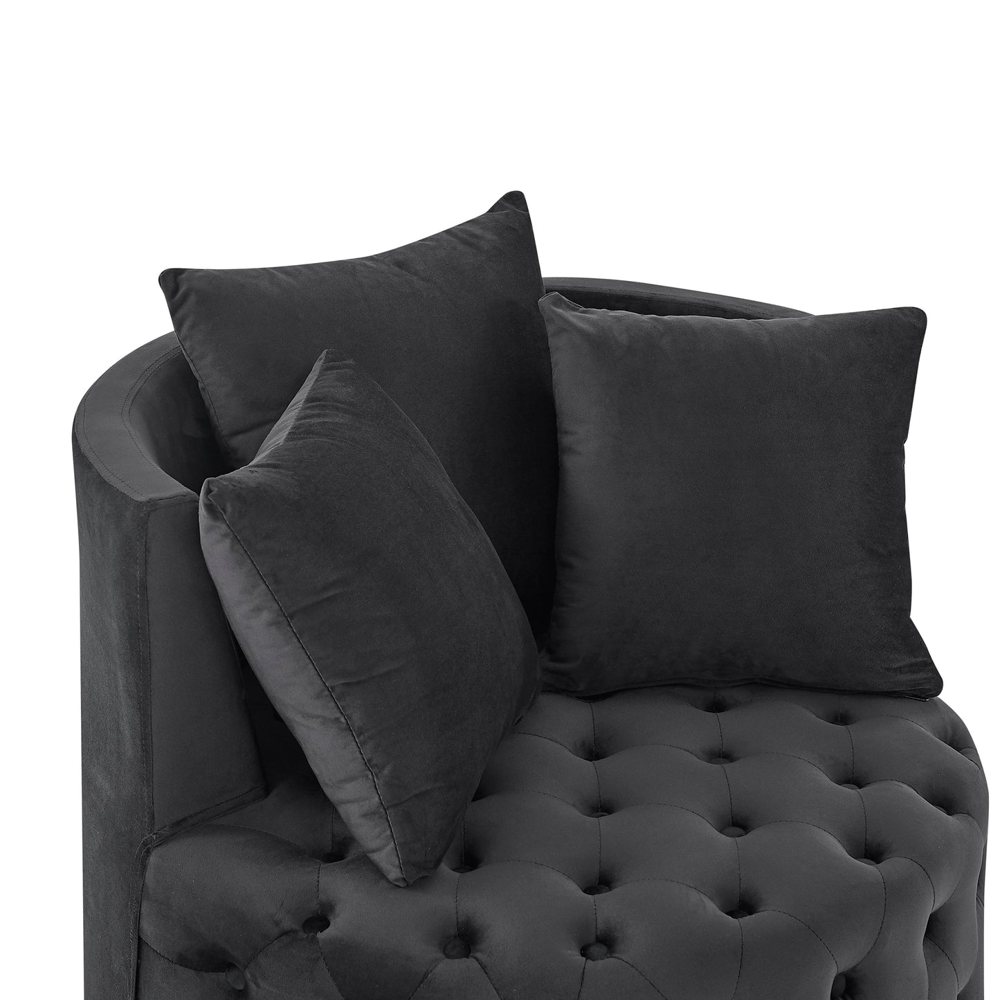 Silla giratoria tapizada en terciopelo para sala de estar, con diseño de botones y ruedas móviles, incluye 3 almohadas, color negro