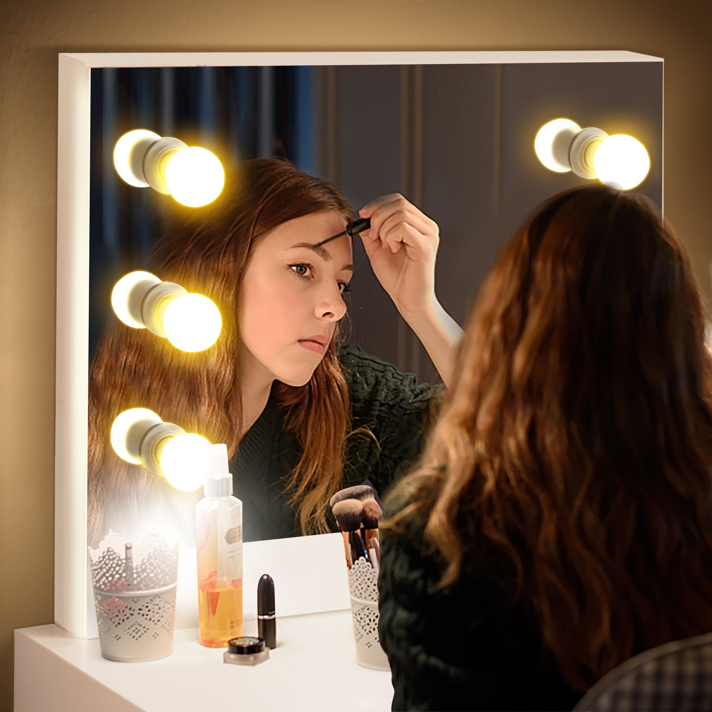 Tocador de madera para maquillaje con luz LED, blanco