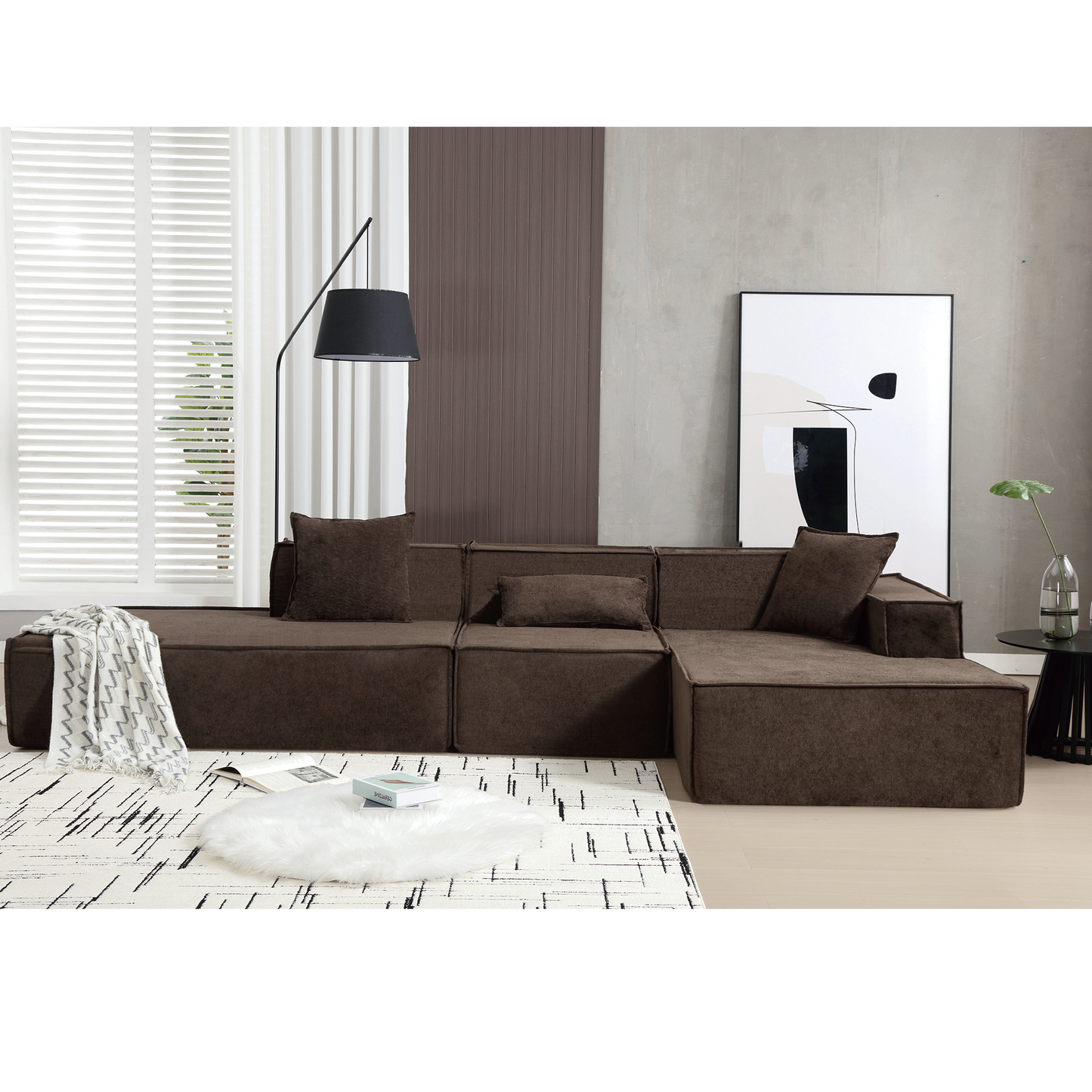 [VIDEO PROVIDED] Modular combination living room sofa set, modern minimalist sofa, free installation sofa, L-shaped, Italian minimalist tofu block sofa,Right-Hand Facing, Dark brown