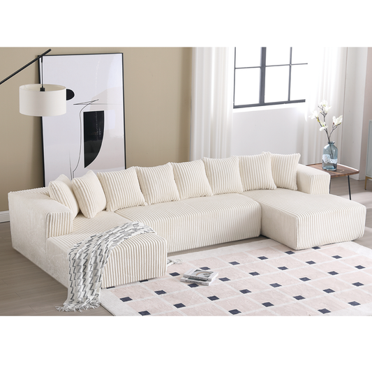 [NEW ARRIVED] [VIDEO PROVIDED]131'' Modular Sectional Couch, U-shaped sofa , Chaise Lounge, Striped fabric,Upholstered 4 Seater Couch for Living Room, Bedroom, Free Combination Sofa (Corduroy),White