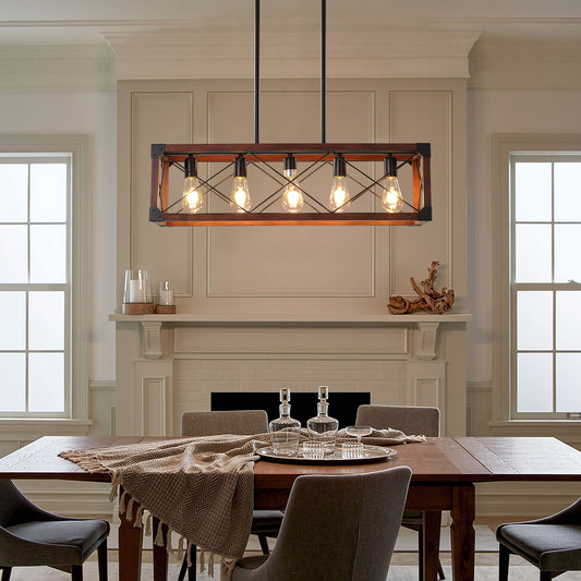 32' Red Wood Industrial Farmhouse Rectangle Pendant Light, 5-Light Chandelier for Dining Room, Kitchen Island, Cafe Decor (No Bulbs)