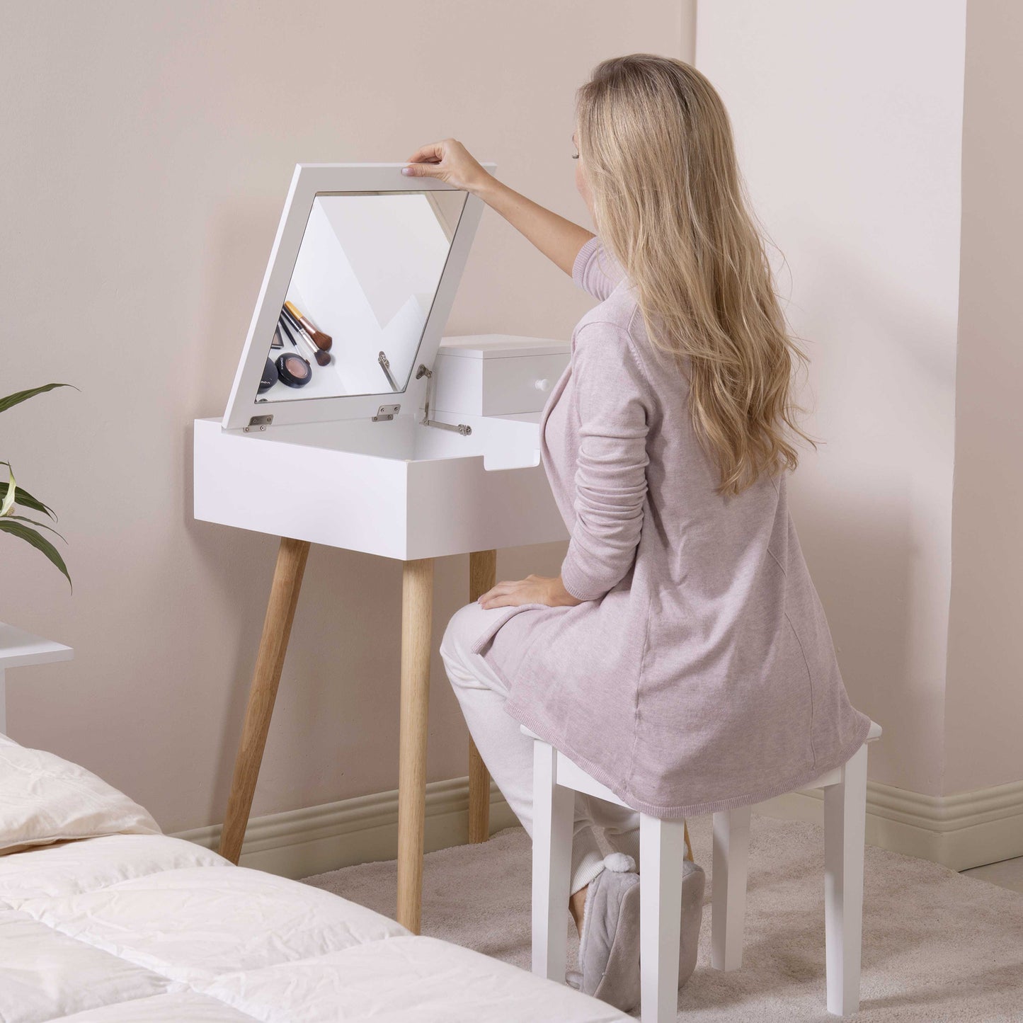 Escritorio de tocador de madera con tapa abatible, espejo, mesa de escritura, escritorio para ordenador, blanco