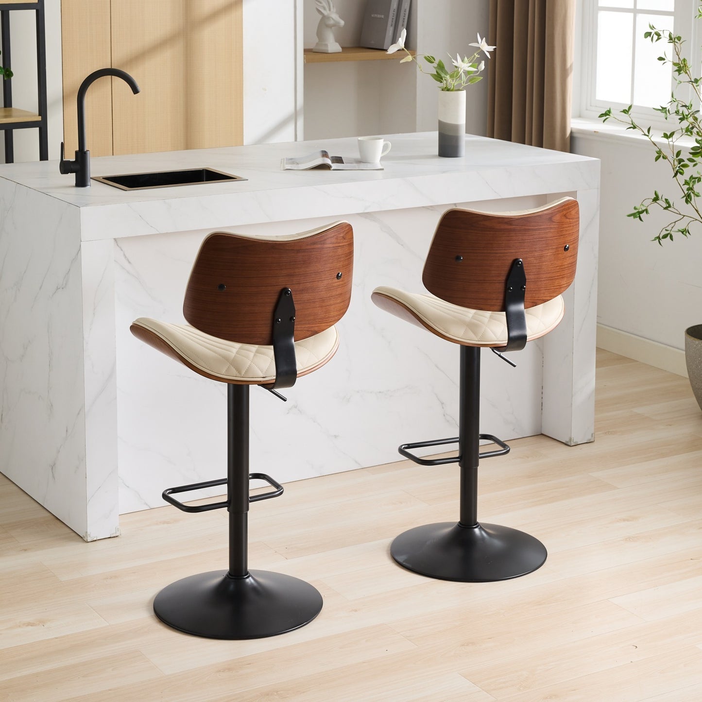 Taburetes de bar de madera curvada de nogal de mediados de siglo, sillas de bar giratorias de 360° tapizadas en cuero negro con altura ajustable para isla de cocina/comedor/café, 1 silla/1 caja,Beige