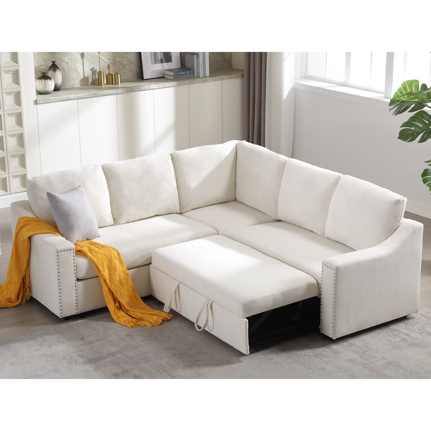 [NEW ARRIVED] [VIDEO PROVIDED]L-shaped sofa with pull-out sofa bed, Corner Sofa,comfortable living room furniture set, sleeper sofa bed,Corner seat for two with broaching sofa,Rivet DeChenille,Beige