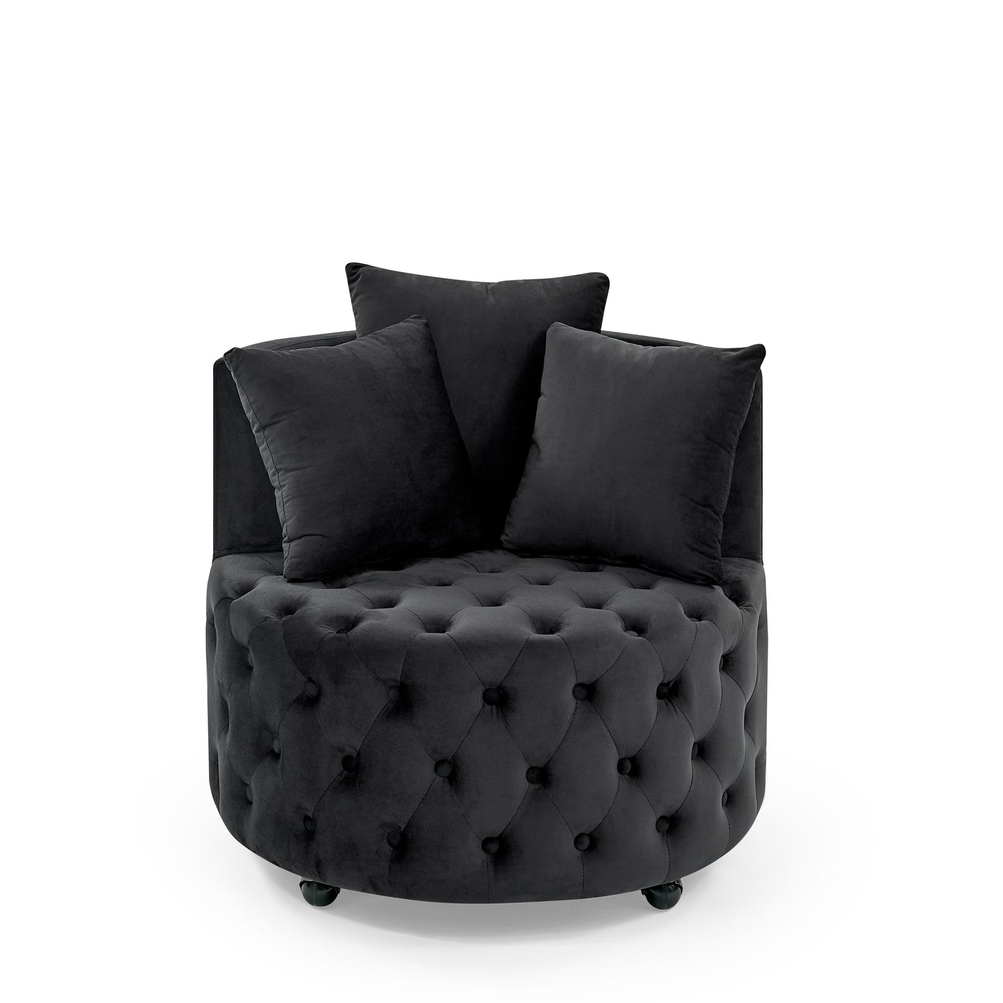 Silla giratoria tapizada en terciopelo para sala de estar, con diseño de botones y ruedas móviles, incluye 3 almohadas, color negro