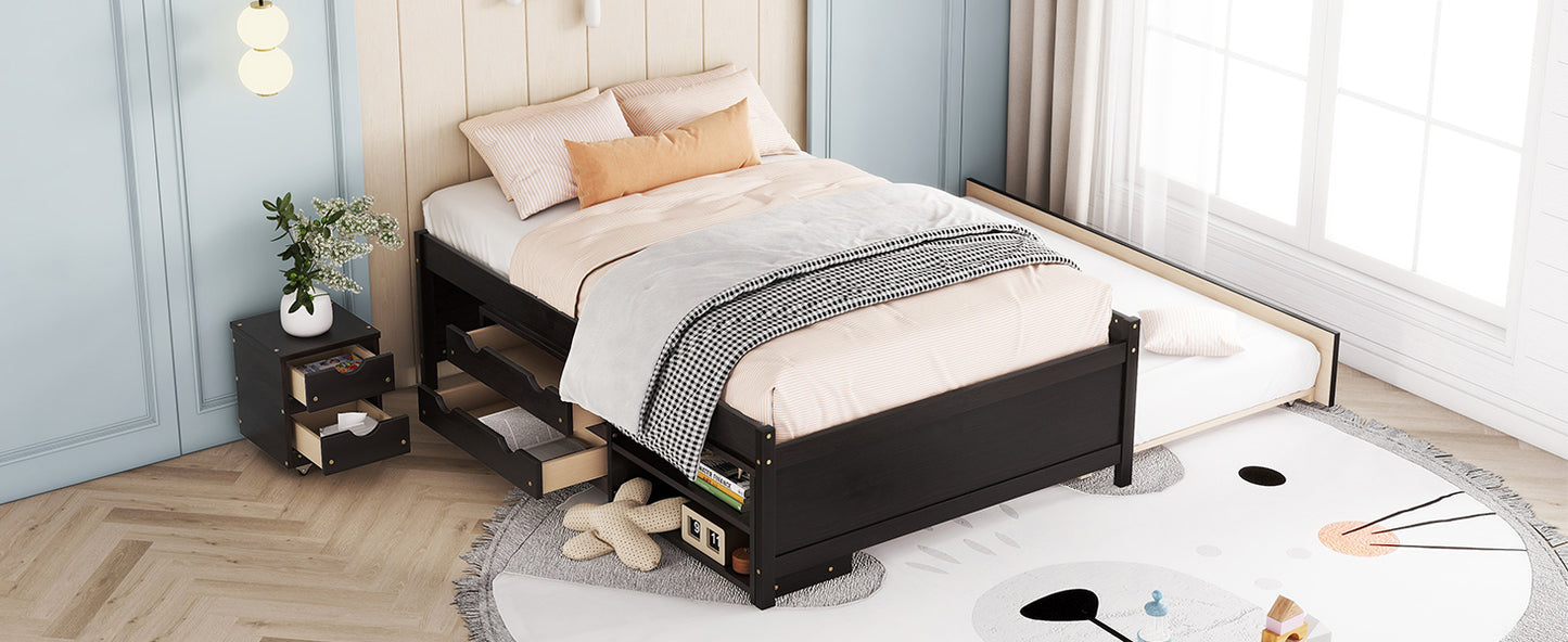 Versatile Full Bed with Trundle,Under bed Storage Box and Nightstand .Espresso