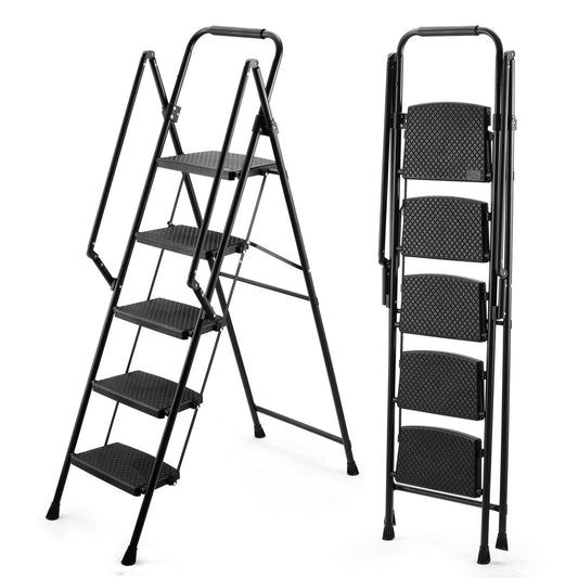 5-step ladder, folding ladder stool, with anti slip wide pedals, steel ladder, with safety anti slip handle, lightweight 330 pound portable steel ladder stool in black