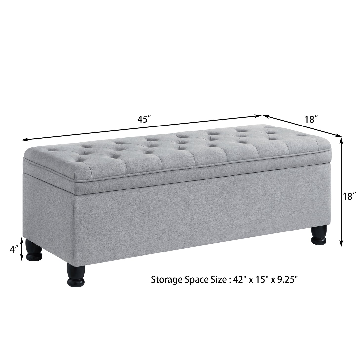 Upholstered tufted button storage bench ,Linen fabric entry bench with spindle wooden legs, Bed bench- Light Gray