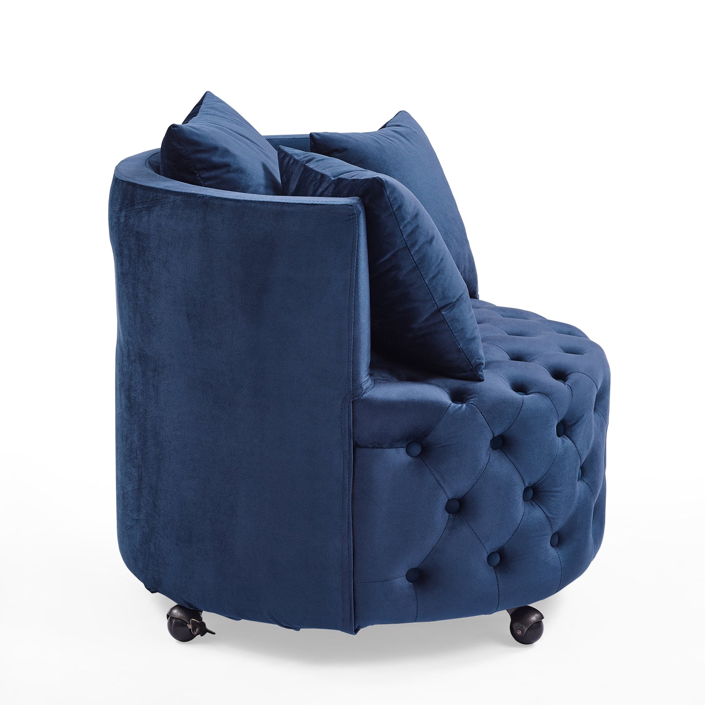 Silla giratoria tapizada en terciopelo para sala de estar, con diseño de botones y ruedas móviles, incluye 3 almohadas, azul