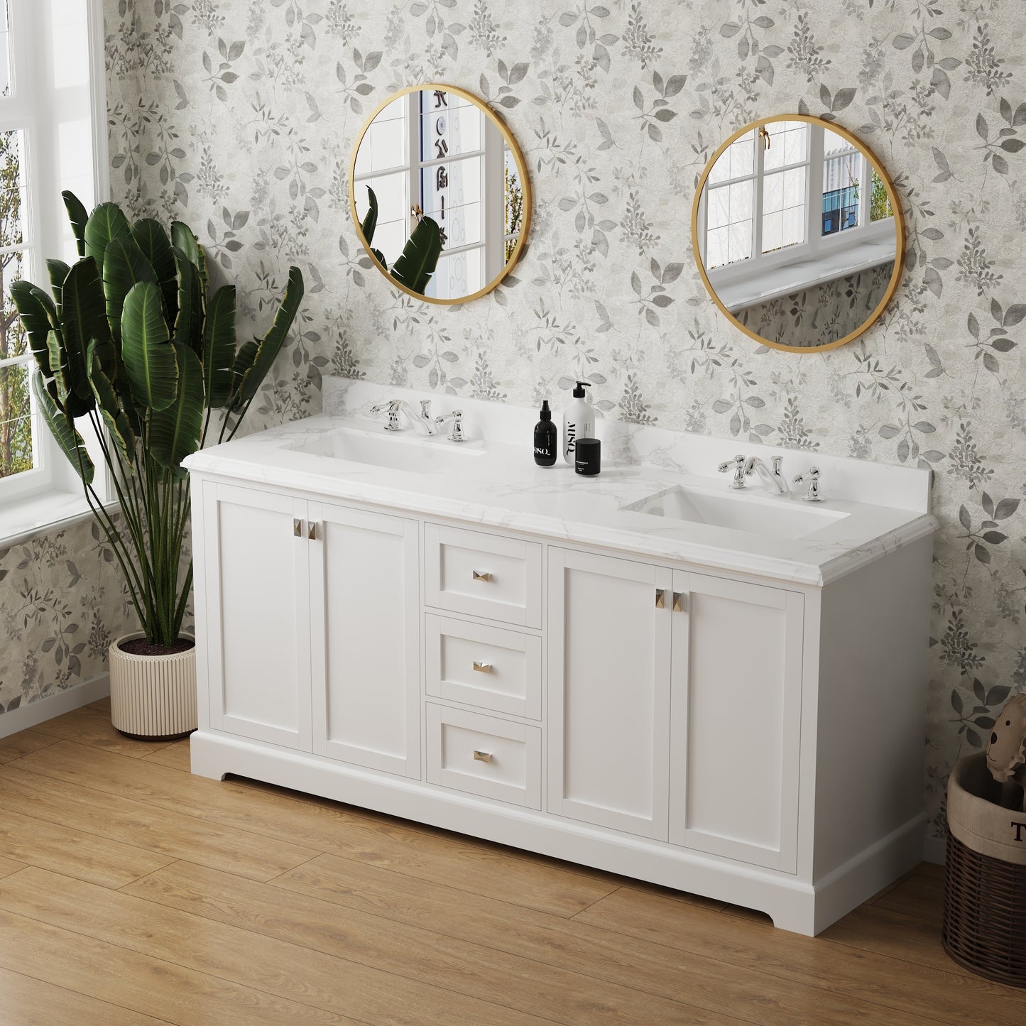 Combinación de lavabo de tocador con encimera de mármol, gabinete de lavabo de baño y tocadores de baño para decoración del hogar - Tocador blanco de 72 pulgadas completamente ensamblado con fregadero 23V02-72WH