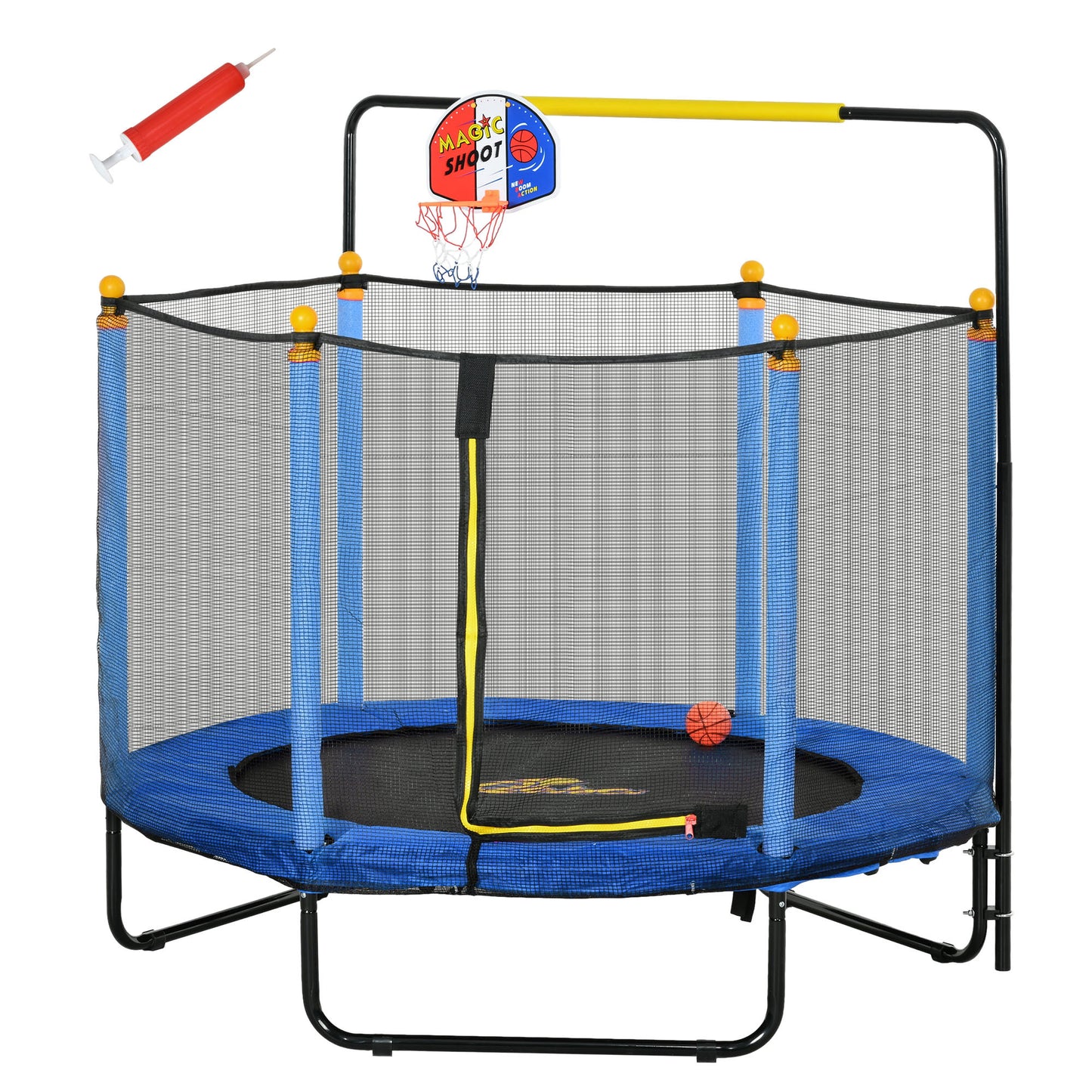 Qaba 4.6' Kids Trampoline with Basketball Hoop, Horizontal Bar, 55' Indoor Trampoline with Net, Small Springfree Trampoline Gifts for Kids Toys, Ages 3-10, Blue