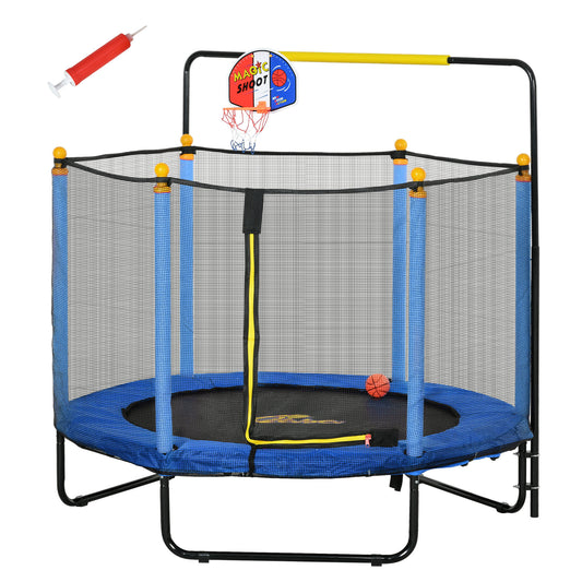 Qaba 4.6' Kids Trampoline with Basketball Hoop, Horizontal Bar, 55' Indoor Trampoline with Net, Small Springfree Trampoline Gifts for Kids Toys, Ages 3-10, Blue