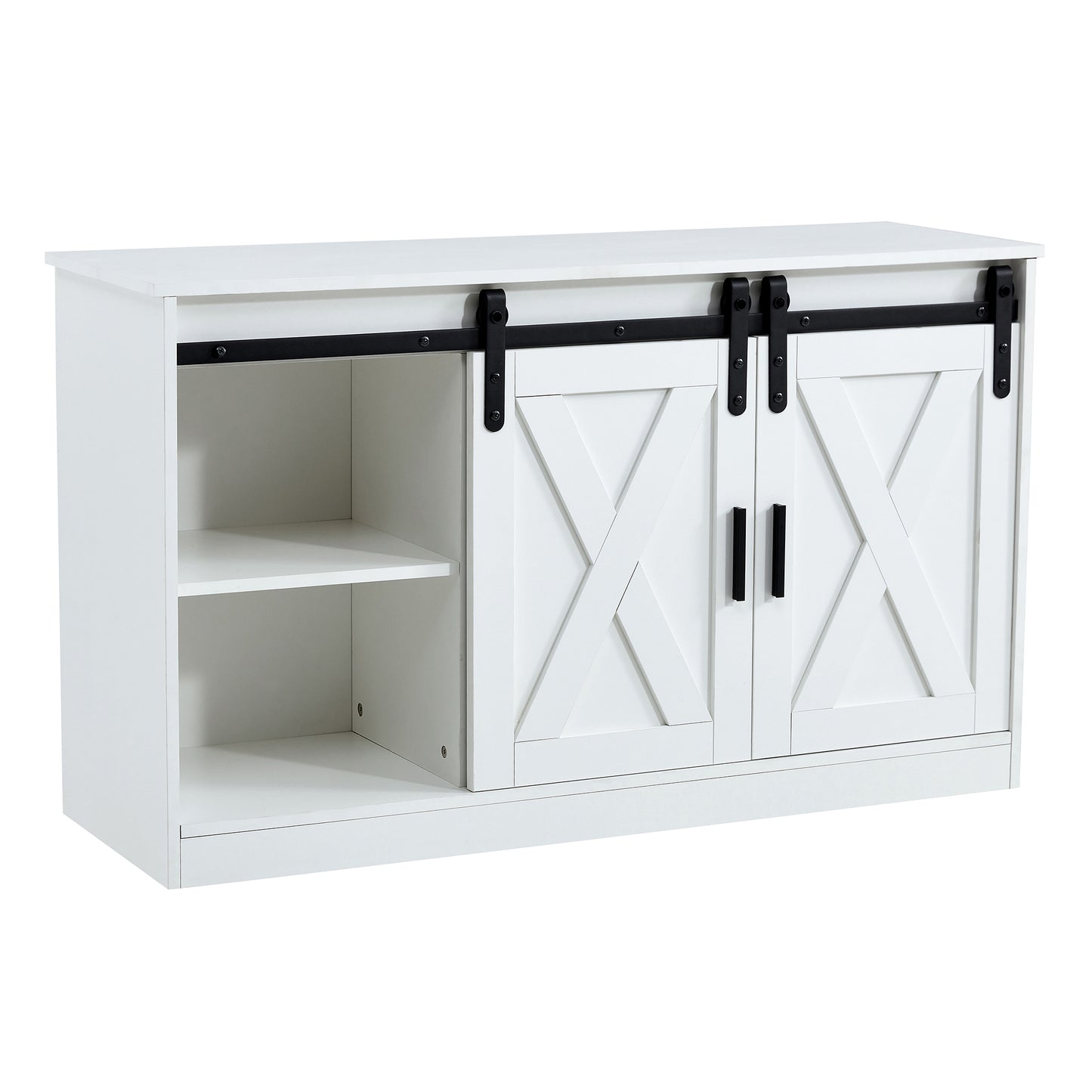 Mueble de almacenamiento/TV decorativo de madera blanca con dos puertas corredizas de granero, disponible para dormitorio, sala de estar y pasillo.