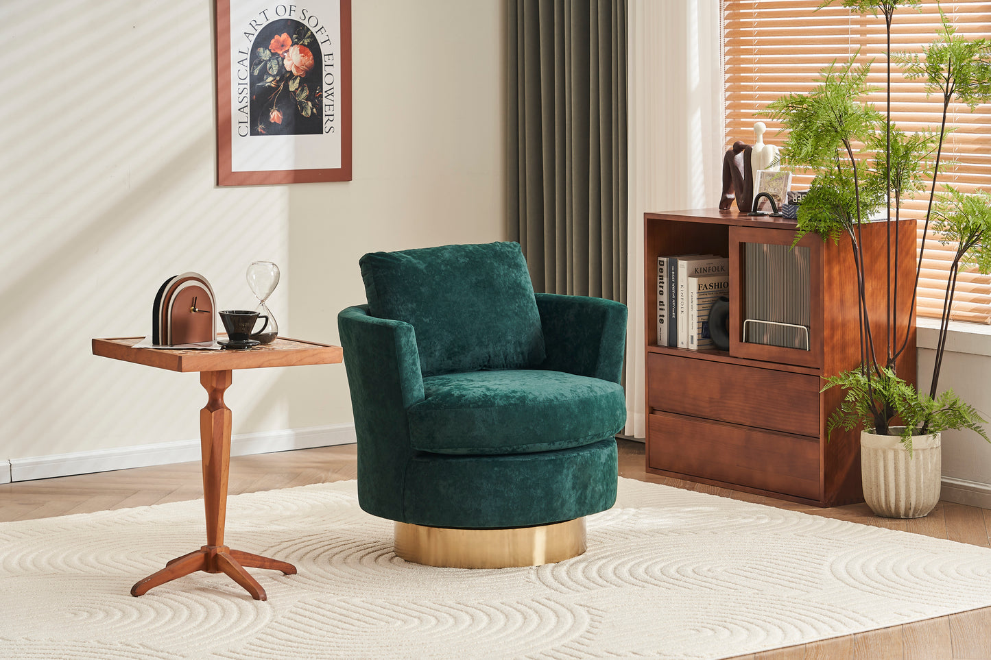 Velvet Swivel Barrel Chair, Swivel Accent Chairs Armchair for Living Room, Reading Chairs for Bedroom Comfy, Round Barrel Chairs with Gold Stainless Steel Base (Emerald)