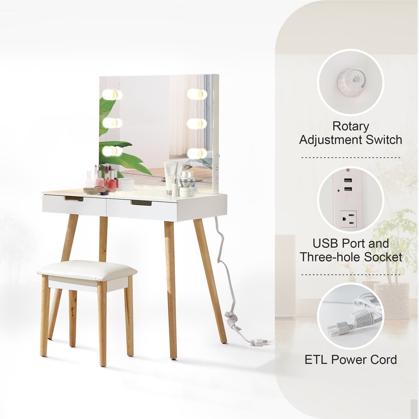 Tocador de madera para maquillaje con luz LED, tocador con puerto USB, blanco