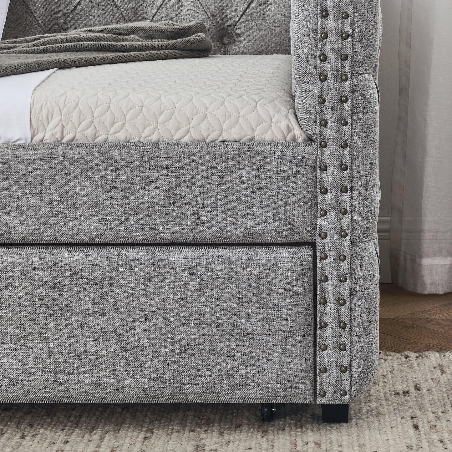 Upholstered Twin Size Daybed with Two Drawers, with Button and Copper Nail on Square Arms, Grey (82.75''x43''x30.75'')