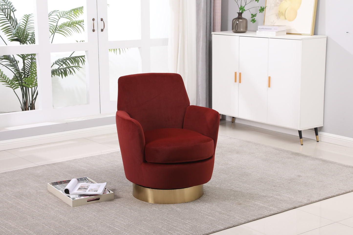 Velvet Swivel Barrel Chair, Swivel Accent Chairs Armchair for Living Room, Reading Chairs for Bedroom Comfy, Round Barrel Chairs with Gold Stainless Steel Base (Brownish red)