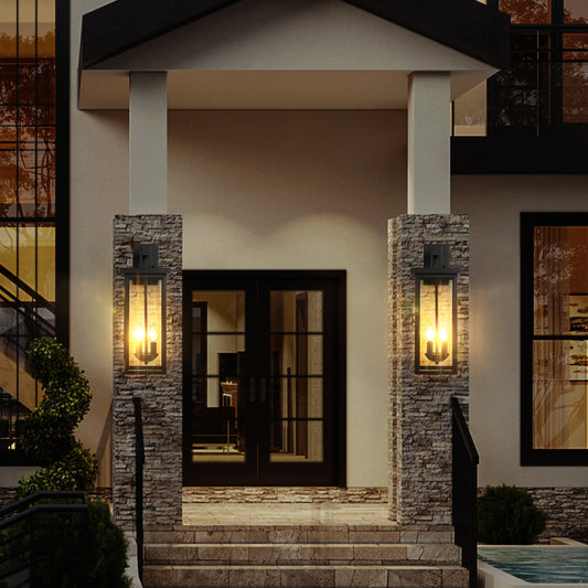 2-Pack 22.0' Outdoor Wall Lantern with Dusk to Dawn Sensor, Matte Black Finish, Clear Glass Panels, Weatherproof Exterior Light for Porch, Patio, Garage, 2-Light Design (Bulb Not Included)