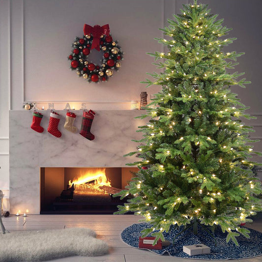 5FT Green PVC+PE Christmas Tree with 200 Warm White UL Lights – 1488 Tips, Hinged Branch Design, Realistic Needles, Sturdy Metal Stand, Easy Assembly
