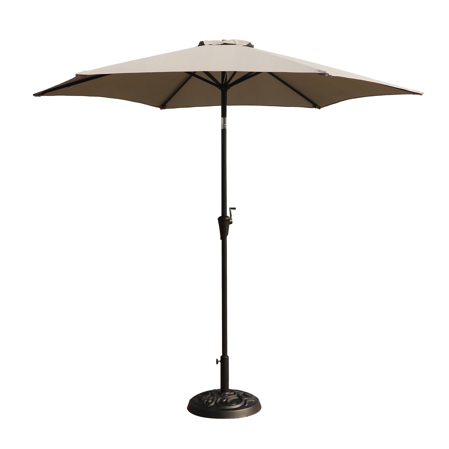 Outdoor Aluminum Patio Umbrella with Round Resin Base, Push Button Tilt and Crank Lift, Gray, 8.8 Feet