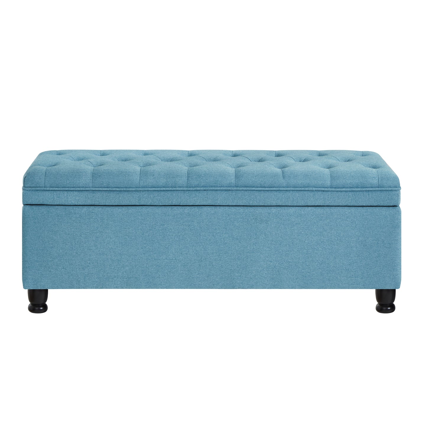 Upholstered tufted button storage bench ,Linen fabric entry bench with spindle wooden legs, Bed bench- Light Blue