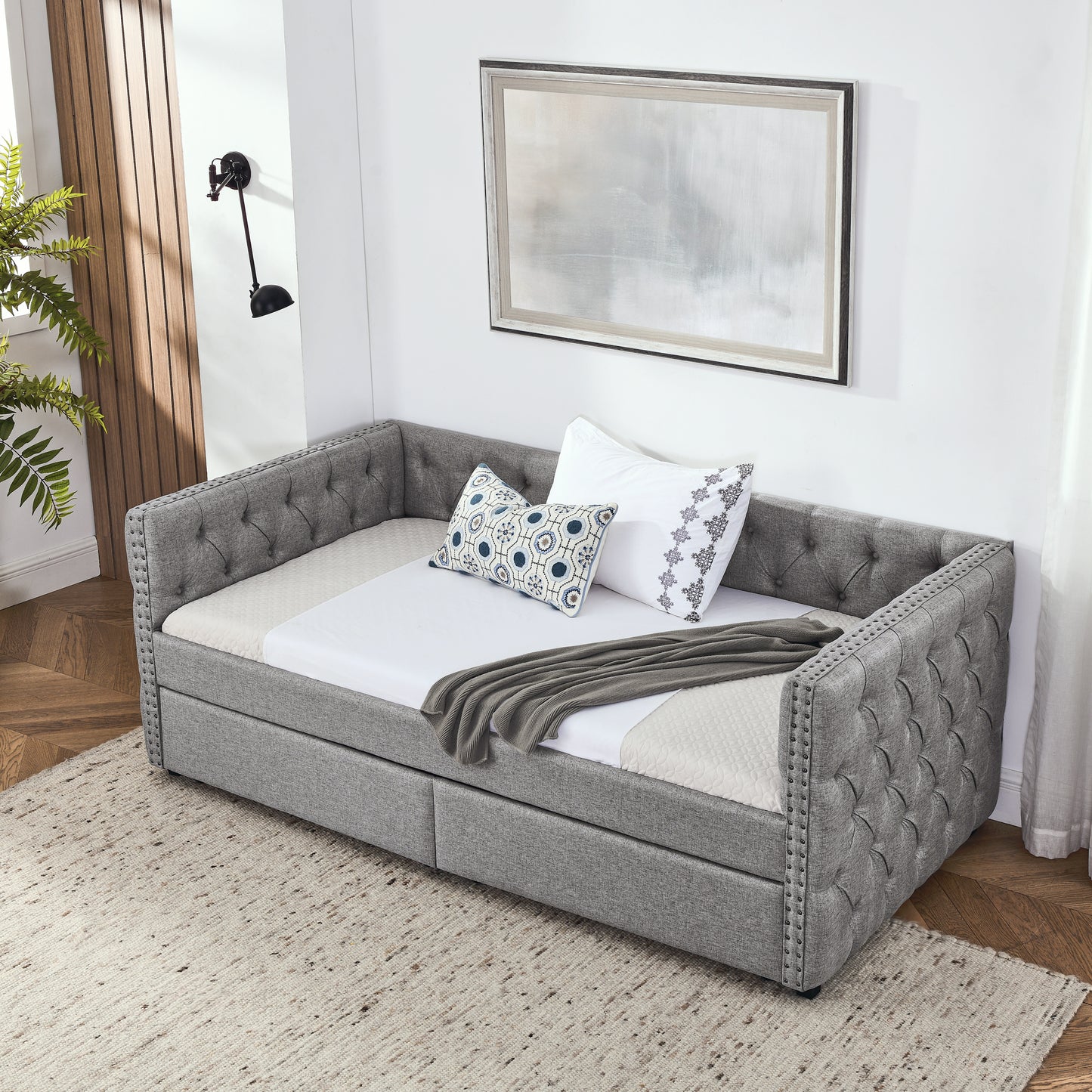 Sofá cama doble tapizado con dos cajones, con botón y clavo de cobre en brazos cuadrados, gris (82.75''x43''x30.75'')