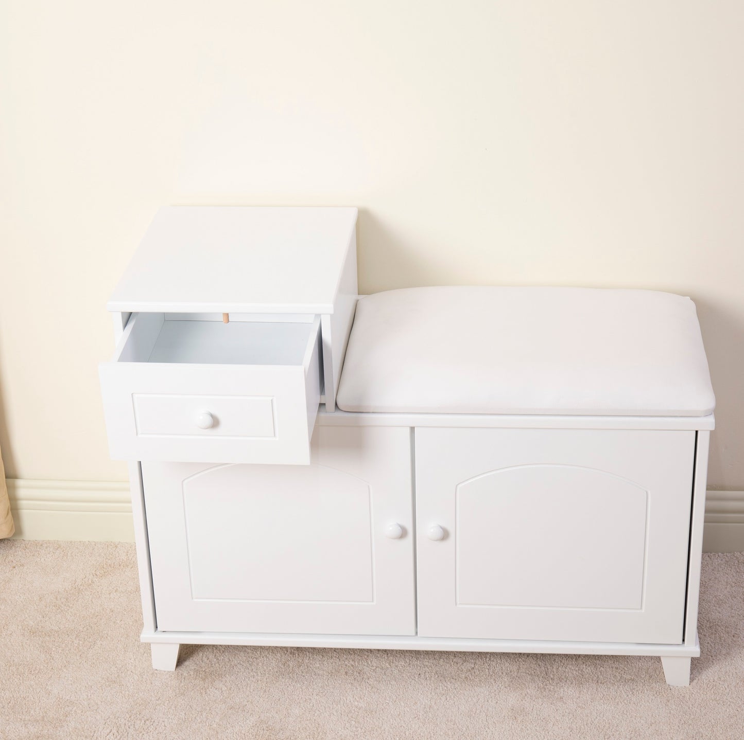 Banco de madera para almacenamiento de zapatos, mueble otomano con cajón, color blanco