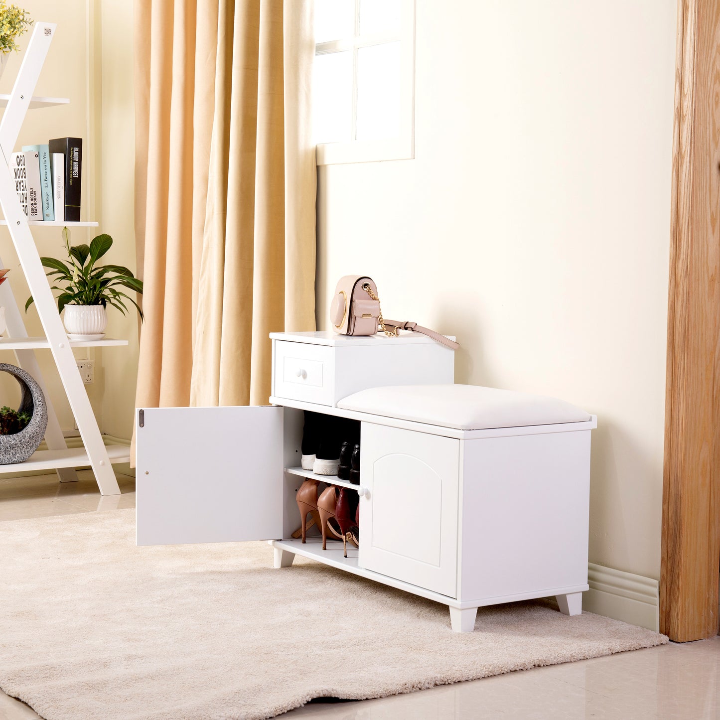 Banco de madera para almacenamiento de zapatos, mueble otomano con cajón, color blanco