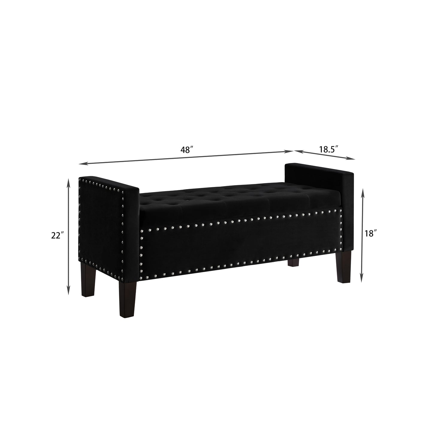 Banco de almacenamiento tapizado con botones capitoné con adornos de clavos,Entrada Sala de estar Asiento acolchado suave con reposabrazos,Banco de cama-Negro