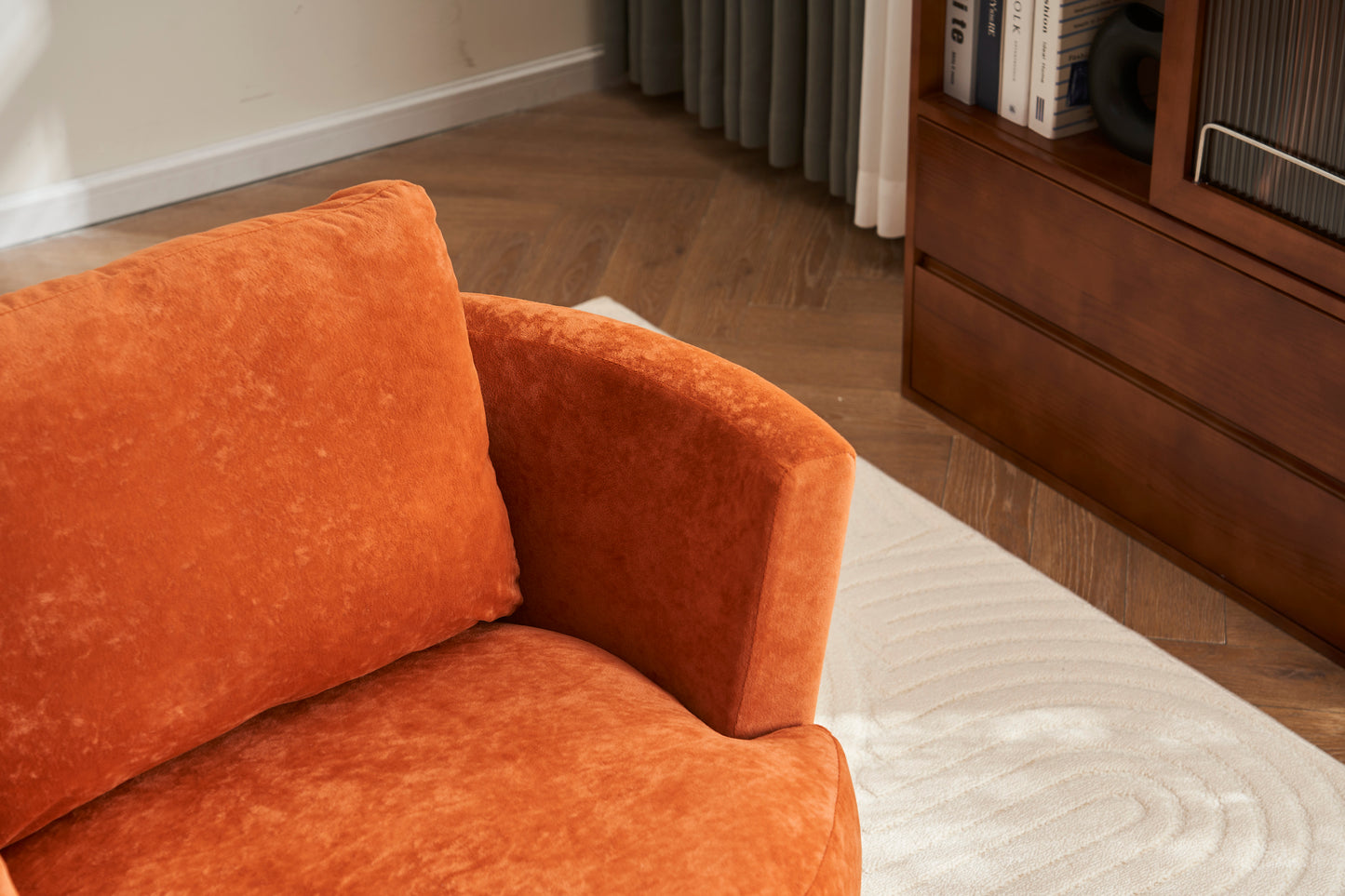 Silla giratoria de terciopelo, sillas giratorias decorativas, sillón para sala de estar, sillas de lectura para dormitorio, cómodas, sillas redondas con base de acero inoxidable dorado (naranja)