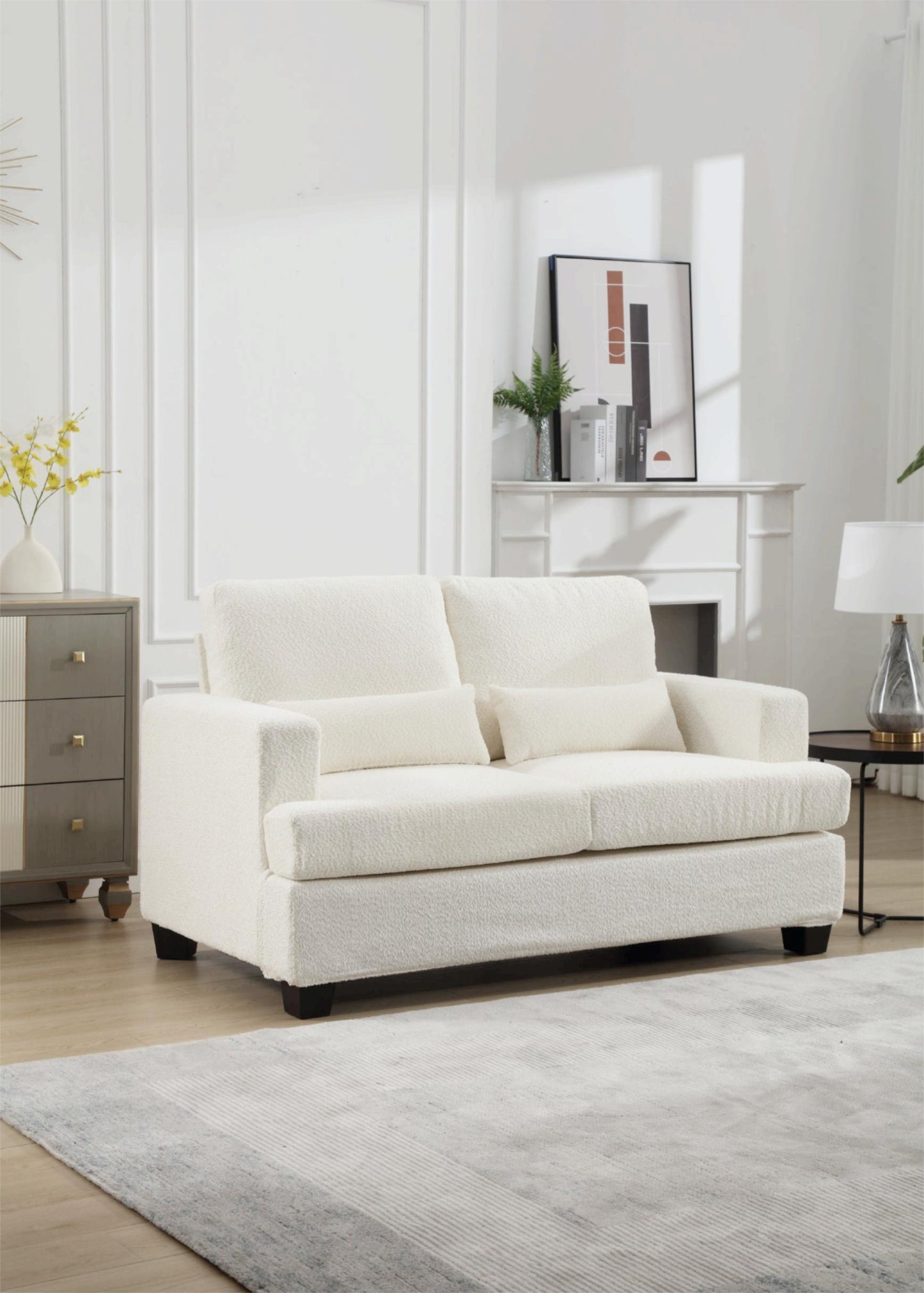 [VIDEO PROVIDED] 63" Length Modern Loveseat for Living Room, Sofas & couches with Square Armrest, Removable back Cushion and 2pcs waist pillow  (White&Gray Fabric)